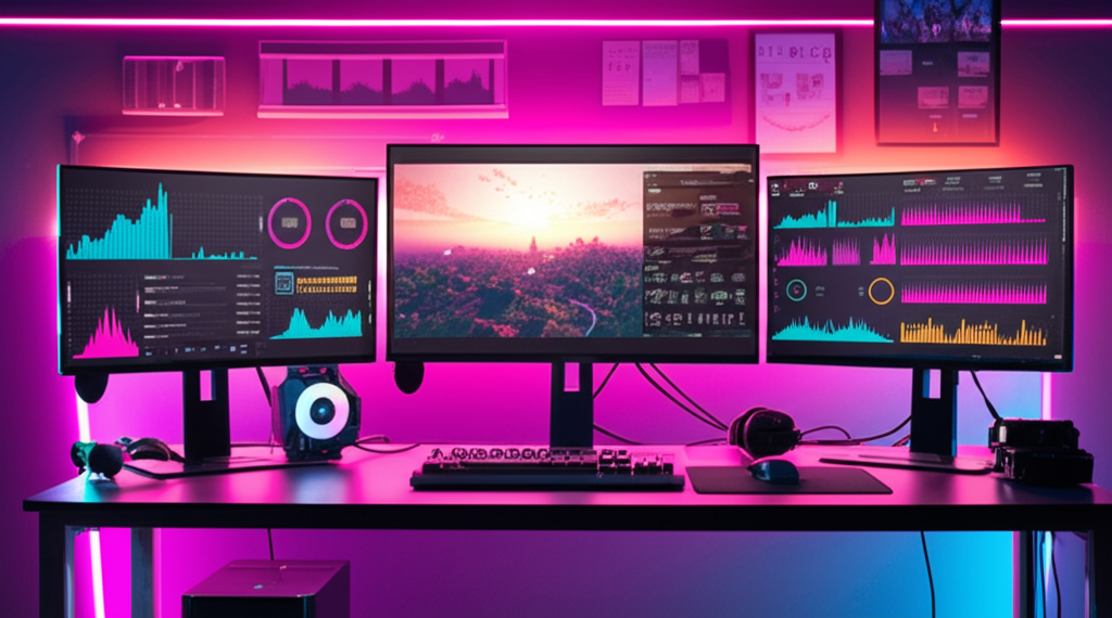 Three gaming monitors on a desk showing Fortnite performance analytics, statistics, and improvement graphs